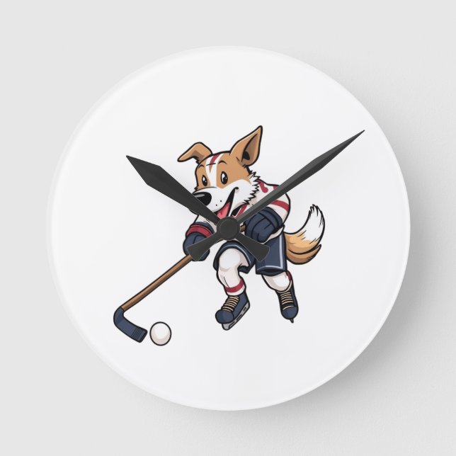 Dog Hockey Player Round Clock (Front)
