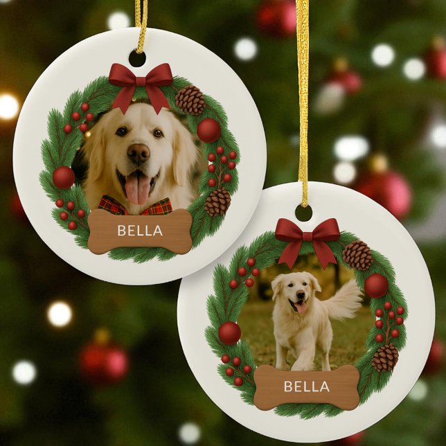 Dog Holiday Christmas Photo Custom Name Wreath Ceramic Tree Decoration (Creator Uploaded)