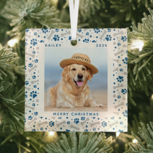 Dog Holiday Cute Paw Prints Bones Custom Pet Photo Glass Tree Decoration