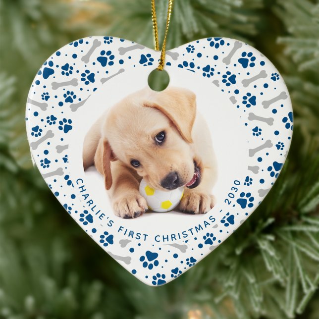 Dog Holiday Paw Prints Bone Personalised Pet Photo Ceramic Tree Decoration (Creator Uploaded)