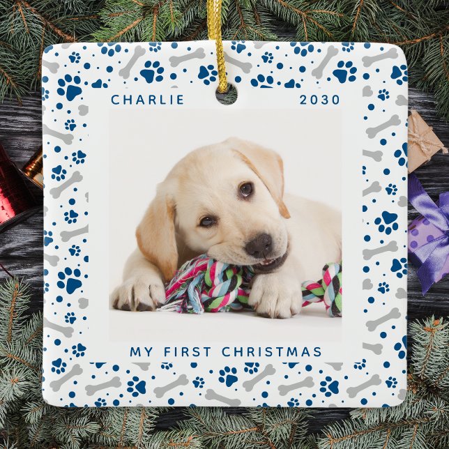 Dog Holiday Paw Prints Cute Personalised Pet Photo Ceramic Ornament (Creator Uploaded)