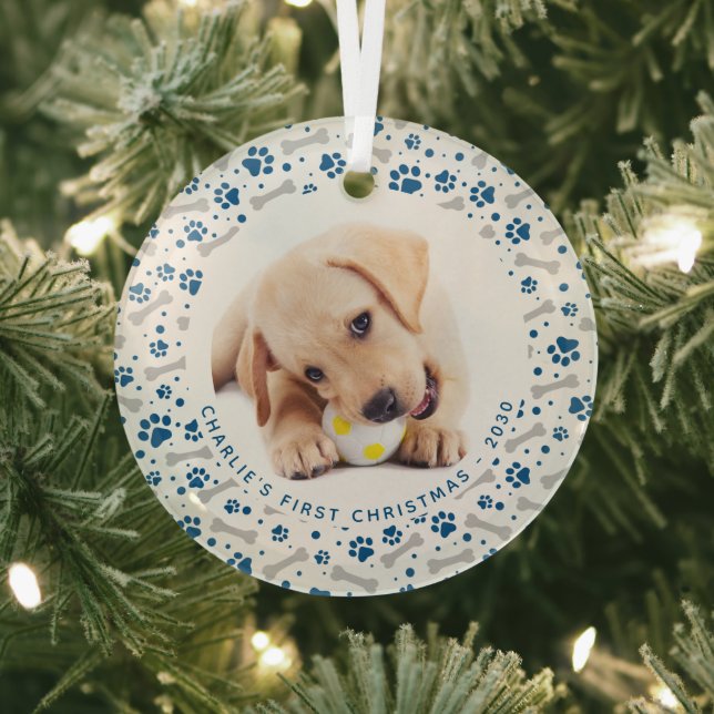 Dog Holiday Paw Prints Personalised 2 Pet Photo Glass Tree Decoration (Insitu)
