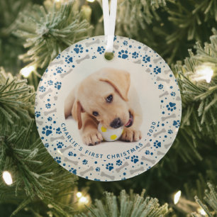 Dog Holiday Paw Prints Personalized 2 Pet Photo Glass Tree Decoration