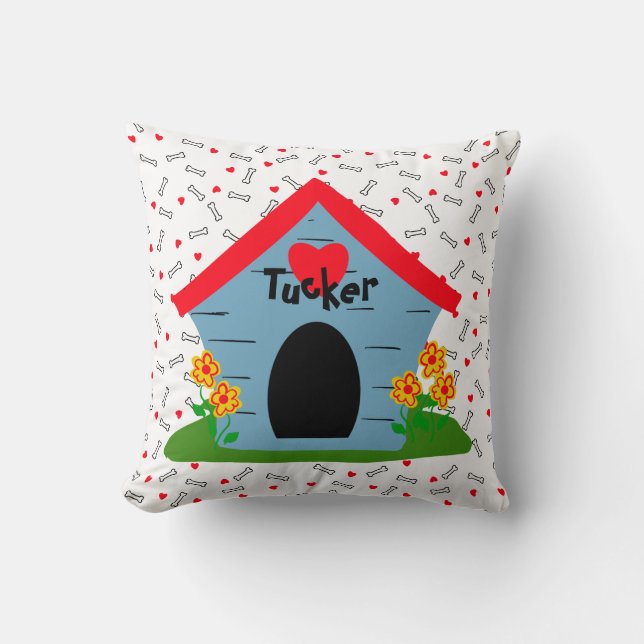 Dog House Red Hearts White Bones Dog or Dog Lover Cushion (Front)