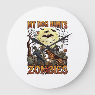 Dog Hunts Zombies Halloween German Shepherd Moon_1 Large Clock