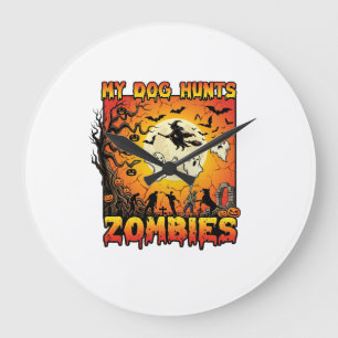 Dog Hunts Zombies Halloween Ghosts Witch Moon Large Clock