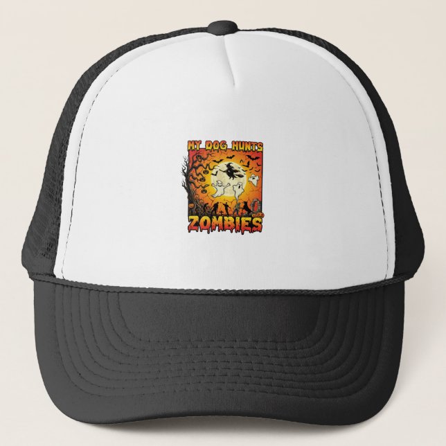 Dog Hunts Zombies Halloween Ghosts Witch Moon Trucker Hat (Front)