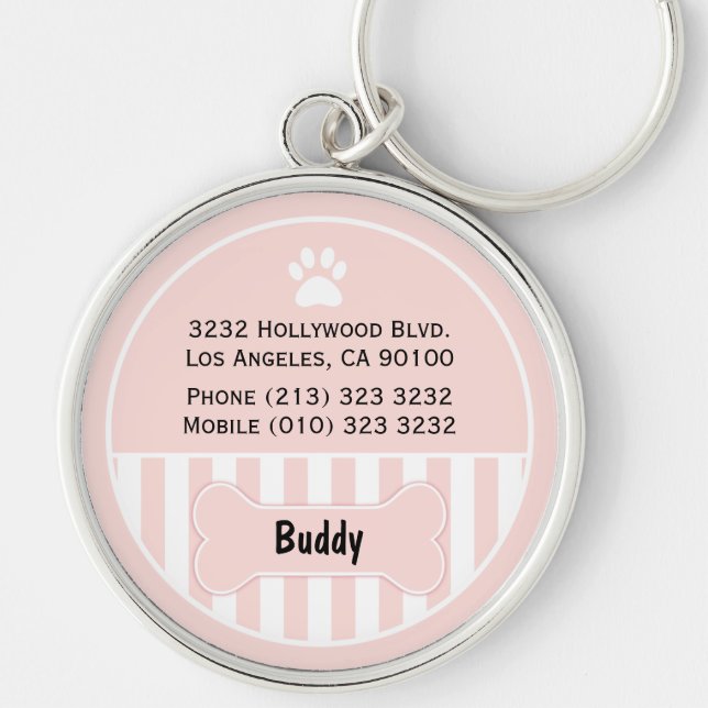Dog ID Tag Pink Bone Key Ring (Front)