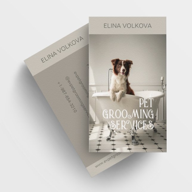 Dog in a Bathtub Pet Grooming Services Grey Business Card (Creator Uploaded)