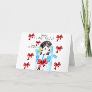 Dog in a blue box Christmas Card with bows 