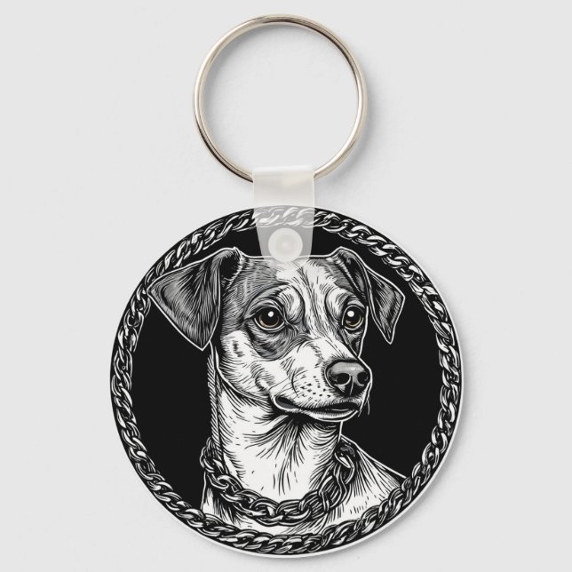 Dog in a Circular Decorative Frame Key Ring (Front)