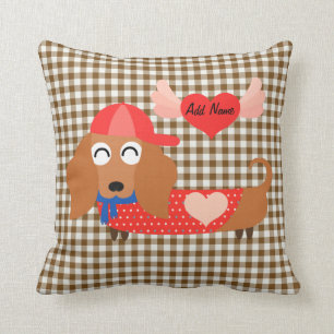Dog in Baseball Cap Brown Gingham Valentine Pillow