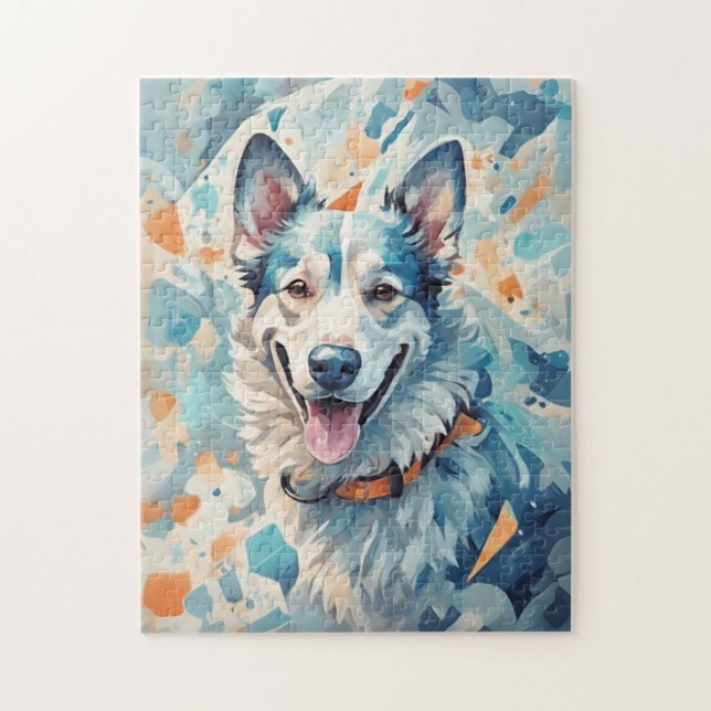 Dog in blue jigsaw puzzle (Vertical)
