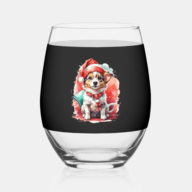 Dog in Christmas Hat - Christmas Tale Oversized T- Stemless Wine Glass (Front)