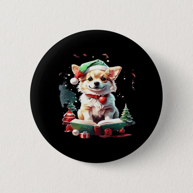 Dog in Christmas Hat with Books - A Perfect Christ 6 Cm Round Badge (Front)