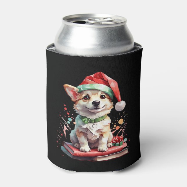 Dog in Christmas Hat with Books - A Perfect Christ Can Cooler (Can Front)