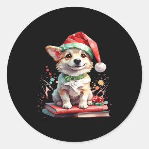 Dog in Christmas Hat with Books - A Perfect Christ Classic Round Sticker