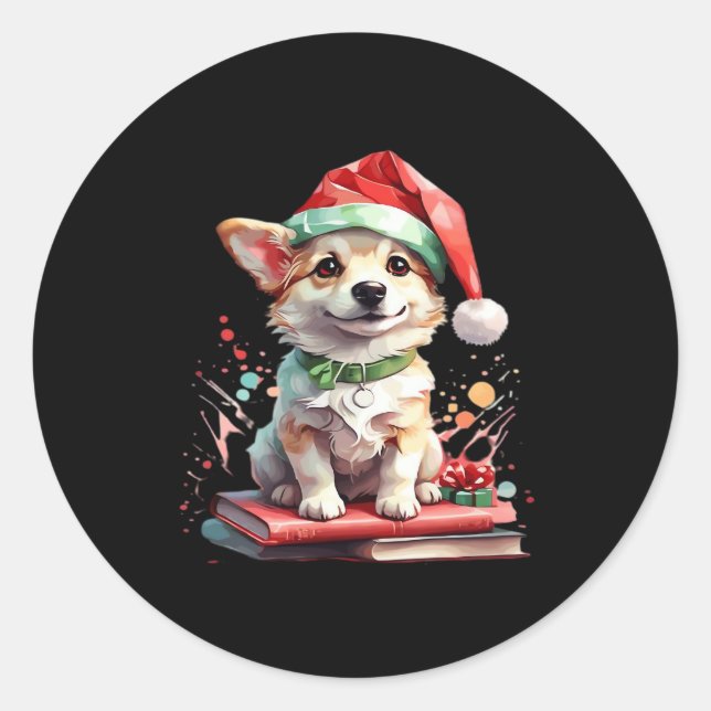 Dog in Christmas Hat with Books - A Perfect Christ Classic Round Sticker (Front)