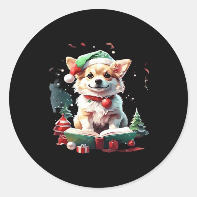 Dog in Christmas Hat with Books - A Perfect Christ Classic Round Sticker (Front)