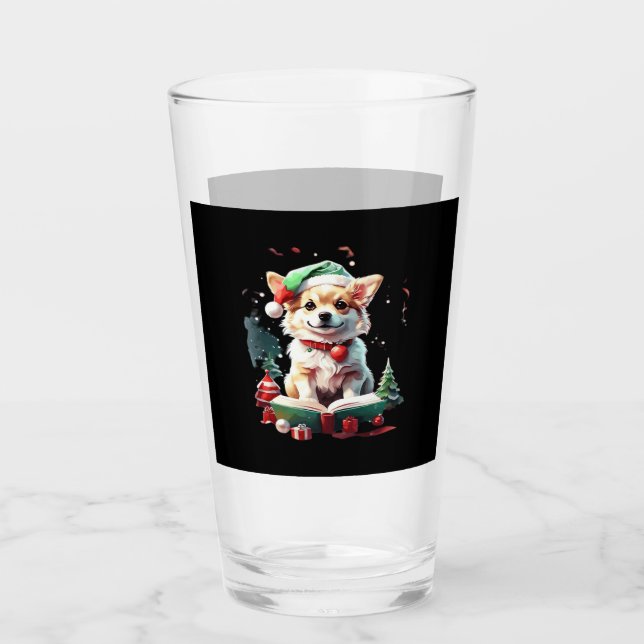 Dog in Christmas Hat with Books - A Perfect Christ Glass (Front)