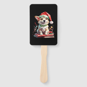 Dog in Christmas Hat with Books - A Perfect Christ Hand Fan