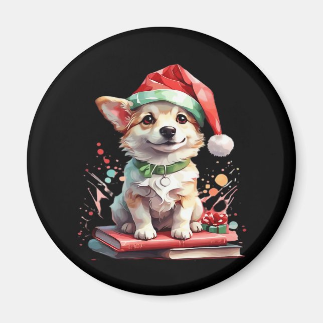 Dog in Christmas Hat with Books - A Perfect Christ Magnet (Front)