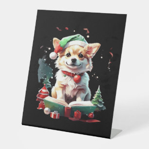 Dog in Christmas Hat with Books - A Perfect Christ Pedestal Sign