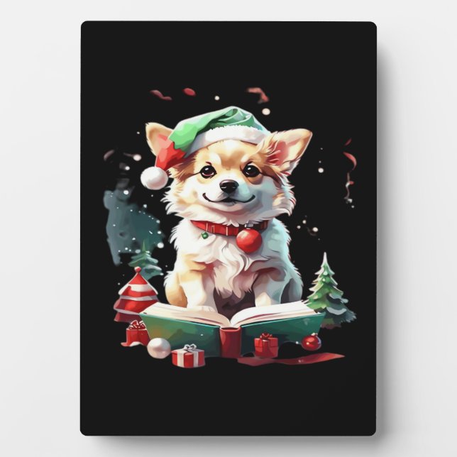 Dog in Christmas Hat with Books - A Perfect Christ Plaque (Front)