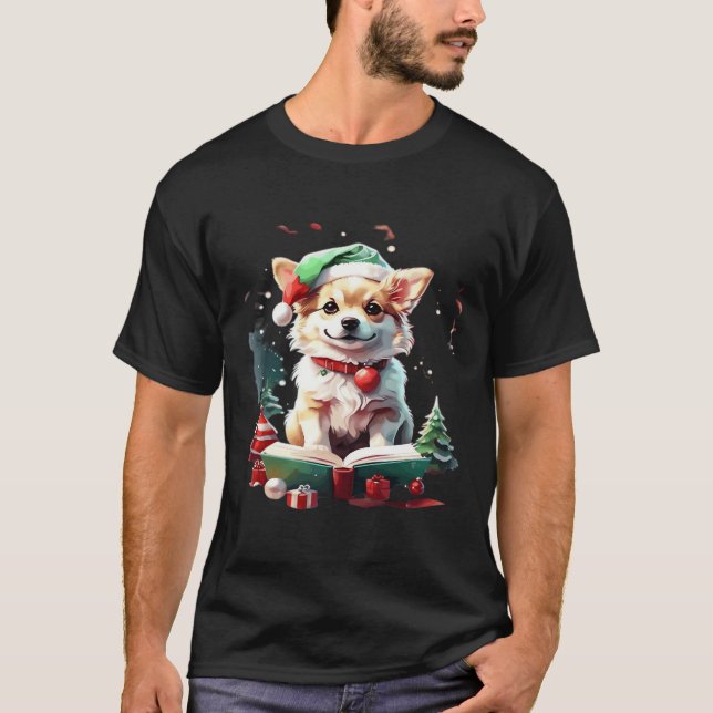 Dog in Christmas Hat with Books - A Perfect Christ T-Shirt (Front)
