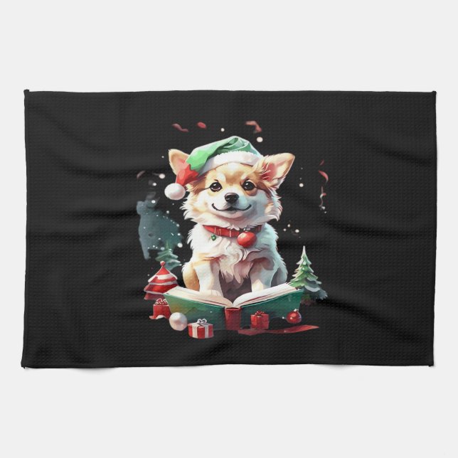 Dog in Christmas Hat with Books - A Perfect Christ Tea Towel (Horizontal)