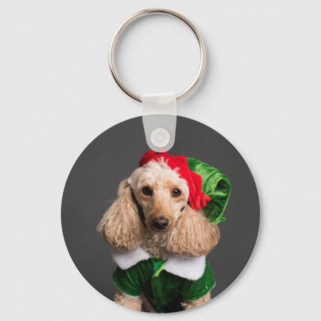 Dog in Elf Costume Key Ring (Front)