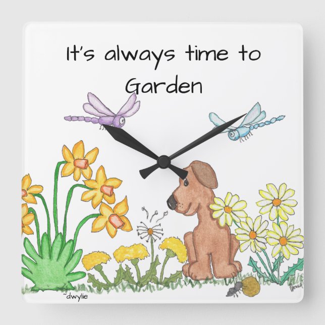 Dog in Flower Garden Square Wall Clock (Front)