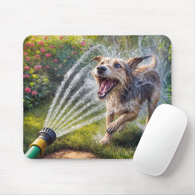 Dog In Garden Hose Water Spray Mouse Mat (With Mouse)
