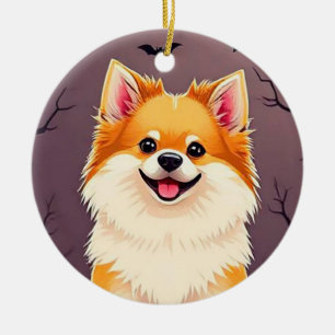 Dog in Halloween Scene with Pumpkins Ceramic Tree Decoration