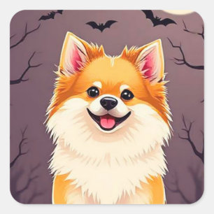 Dog in Halloween Scene with Pumpkins Square Sticker