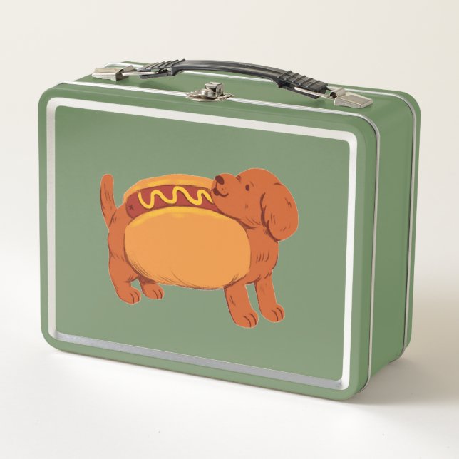 Dog in hot dog costume metal lunch box (Front)