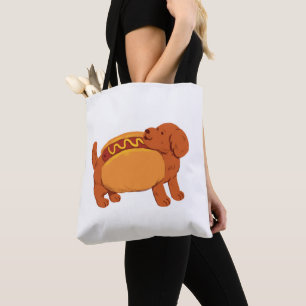 Dog in hot dog costume tote bag