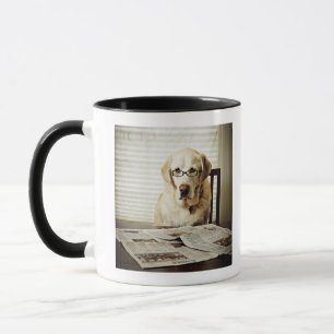 Dog in morning routine mug