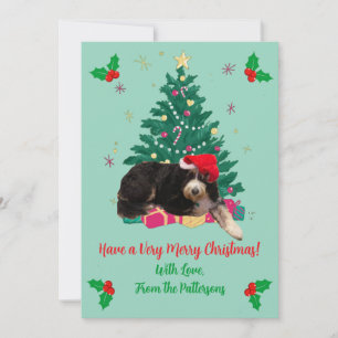 Dog in Santa Hat Photo Xmas Tree Flat Holiday Card
