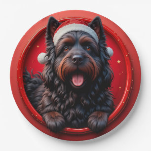 Dog in Santa Hat Surrounded by Festive Christmas Paper Plate