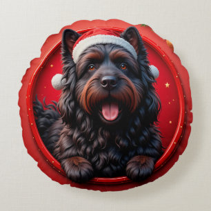 Dog in Santa Hat Surrounded by Festive Christmas Round Cushion