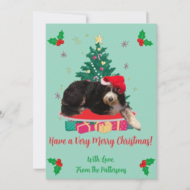 Dog in Santa Hat & Xmas Tree Flat Holiday Card (Front)