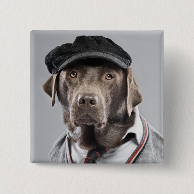 Dog in sweater and cap 15 cm square badge (Front)