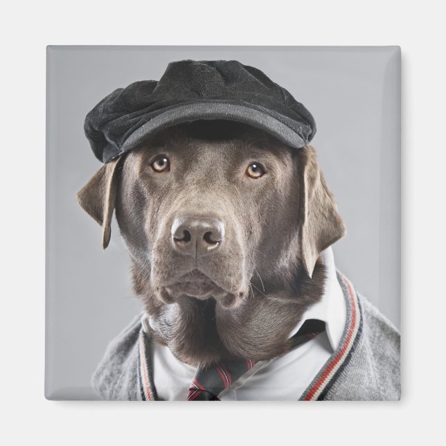 Dog in sweater and cap magnet (Front)