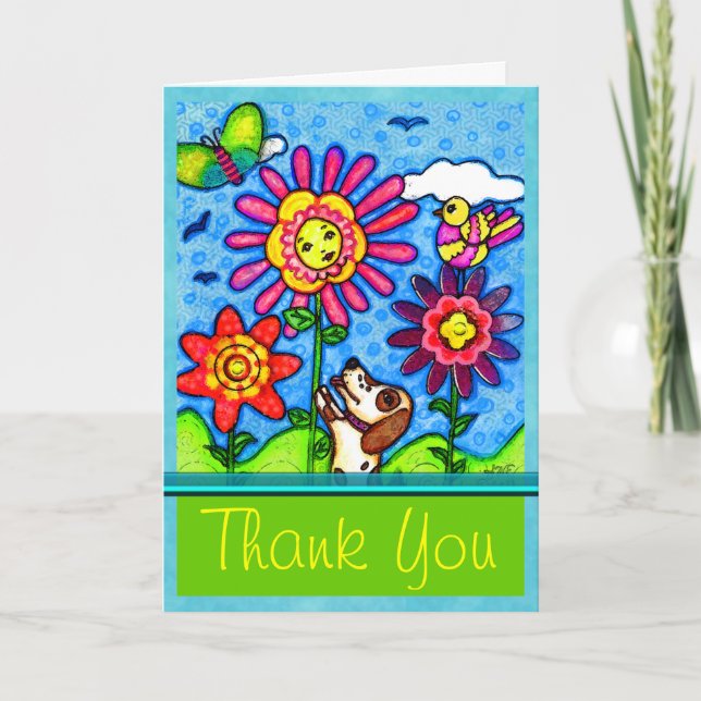Dog In The Flowers Art Greeting Card / Thank You (Front)