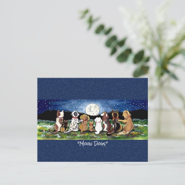 Dog in the Moon Whimsical Watercolor Art Postcard (Standing Front)