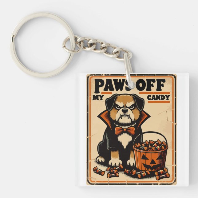 Dog in Vampire Costume Guarding Halloween Candy Key Ring (Front)