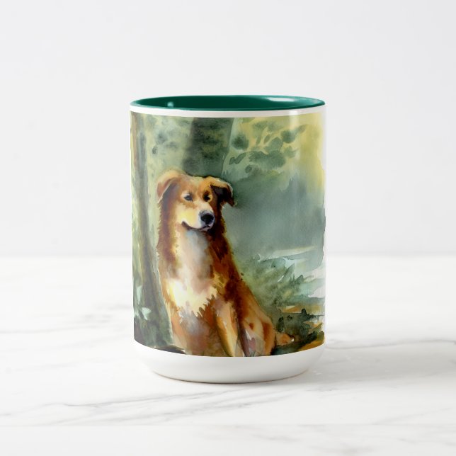 Dog in Woods  Two-Tone Coffee Mug (Center)