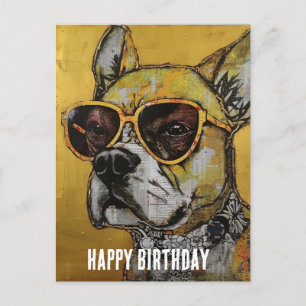 Dog in Yellow Glasses Mixed Media Birthday Collage Postcard