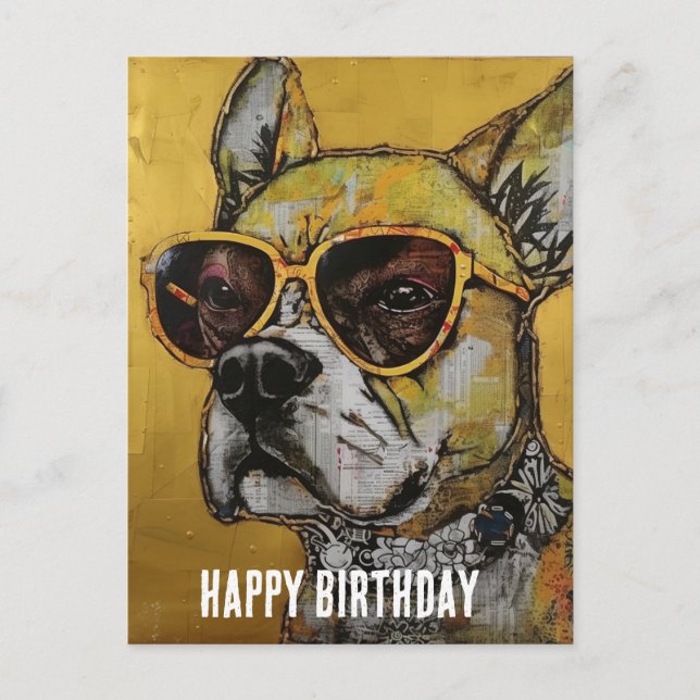 Dog in Yellow Glasses Mixed Media Birthday Collage Postcard (Front)